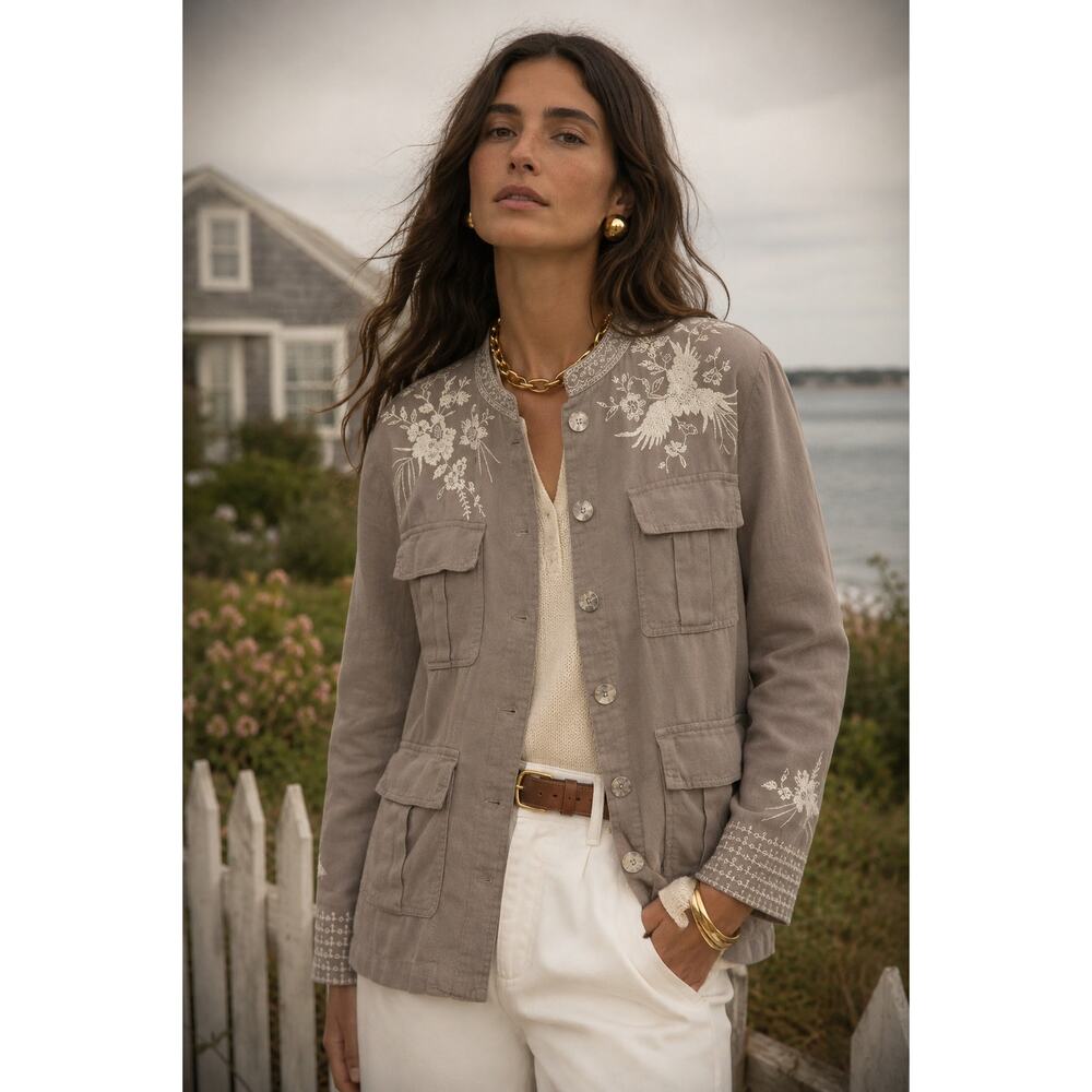 Johnny Was Workshop Oleander Linen Jacket Grey Safari Embroidered Women Medium